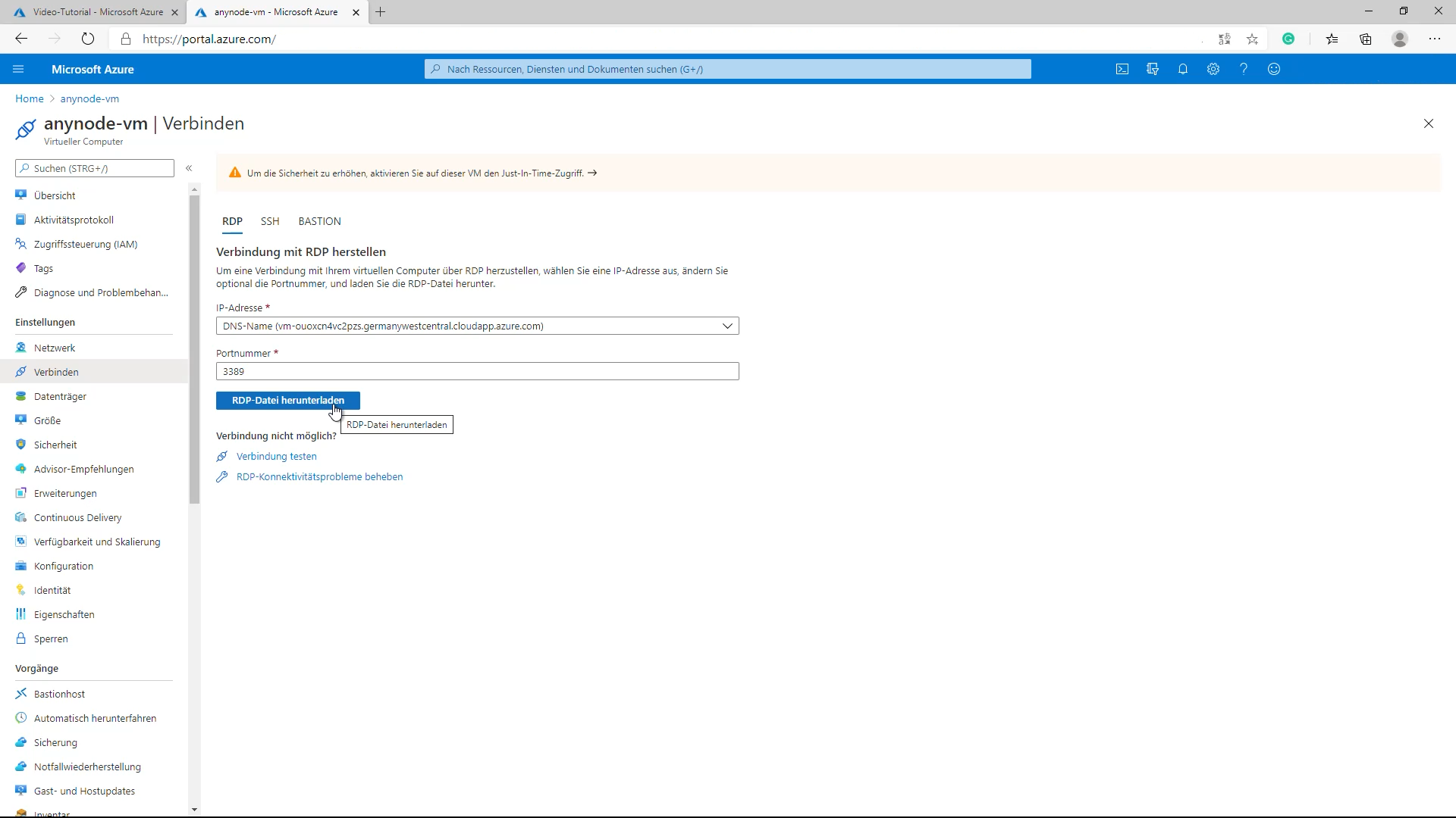 Azure Bereitstellung_11_RDP Datei herunterladen